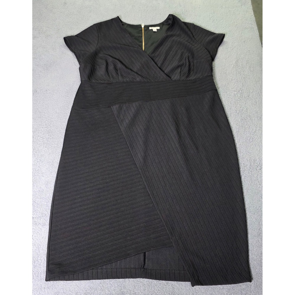 Cato Womens 22W Sheath Dress Black Ribbed Wrap V-Neck Gold Zip Stretch